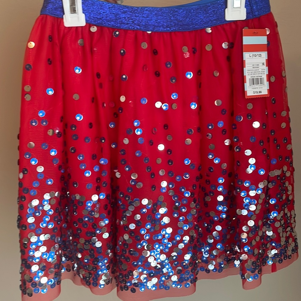 NWT Cat and Jack Red white and blue star sequin skirt. Size 10/12